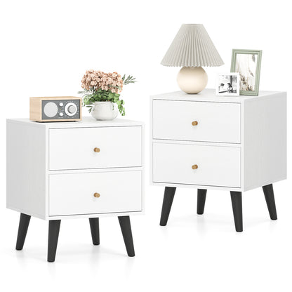 Nightstand Set of 2 Mid Century Modern Bedside Table with Golden Knobs and Raised Support Legs, White Nightstands at Gallery Canada