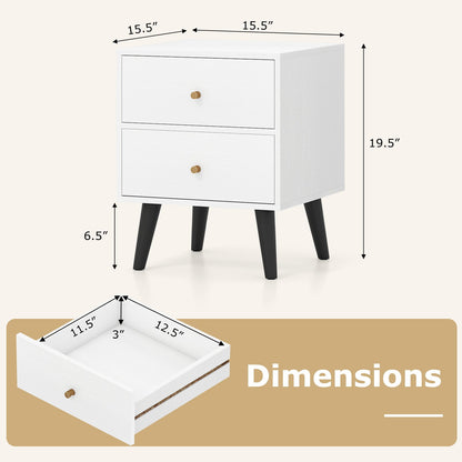 Nightstand Set of 2 Mid Century Modern Bedside Table with Golden Knobs and Raised Support Legs, White Nightstands at Gallery Canada
