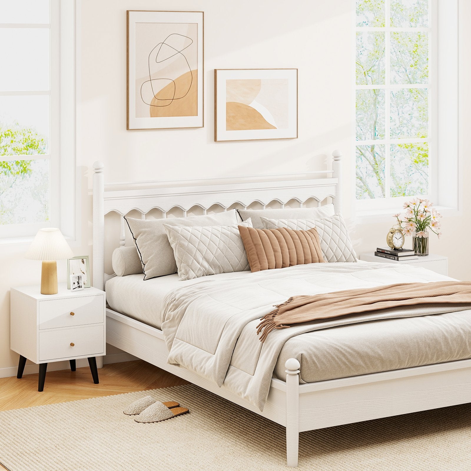 Nightstand Set of 2 Mid Century Modern Bedside Table with Golden Knobs and Raised Support Legs, White Nightstands at Gallery Canada