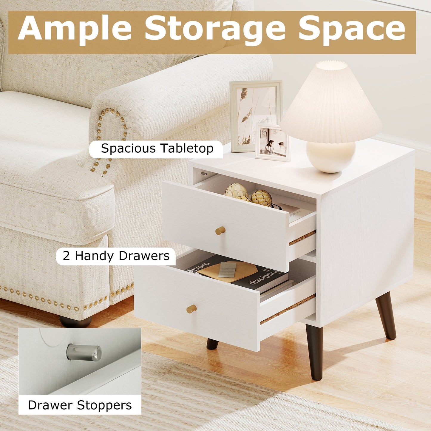 Nightstand Set of 2 Mid Century Modern Bedside Table with Golden Knobs and Raised Support Legs, White Nightstands at Gallery Canada