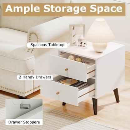 Nightstand Set of 2 Mid Century Modern Bedside Table with Golden Knobs and Raised Support Legs, White Nightstands at Gallery Canada