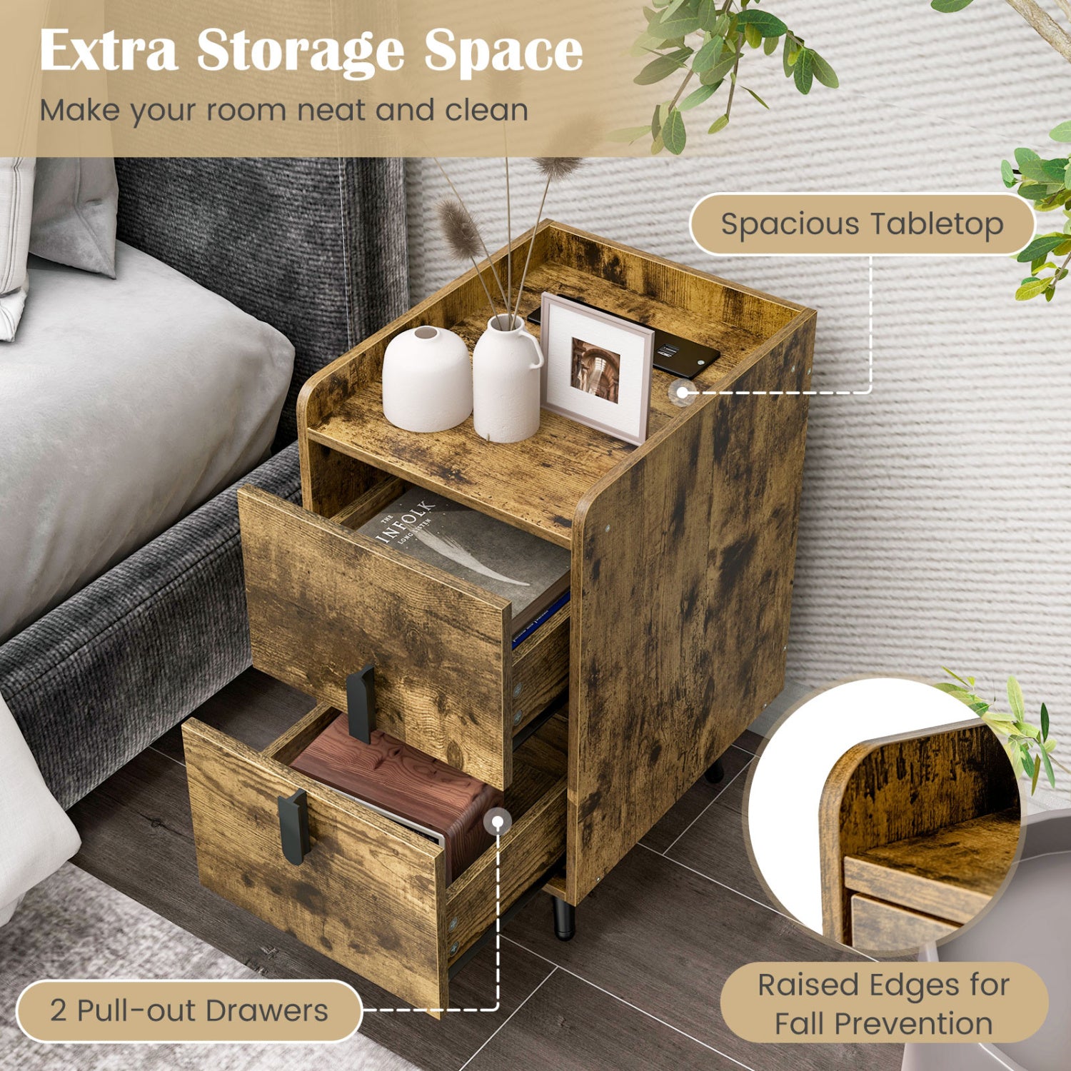 Nightstand Side Tables, 2 Drawers, 2 USB Ports, Rustic Brown Nightstands at Gallery Canada