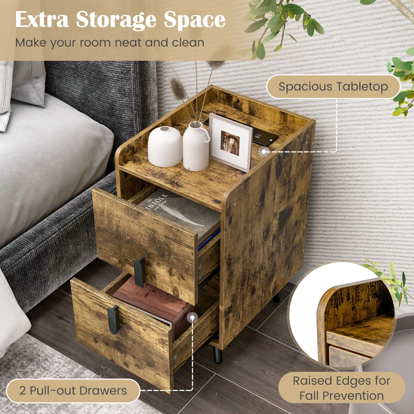 Nightstand Side Tables, 2 Drawers, 2 USB Ports, Rustic Brown Nightstands at Gallery Canada