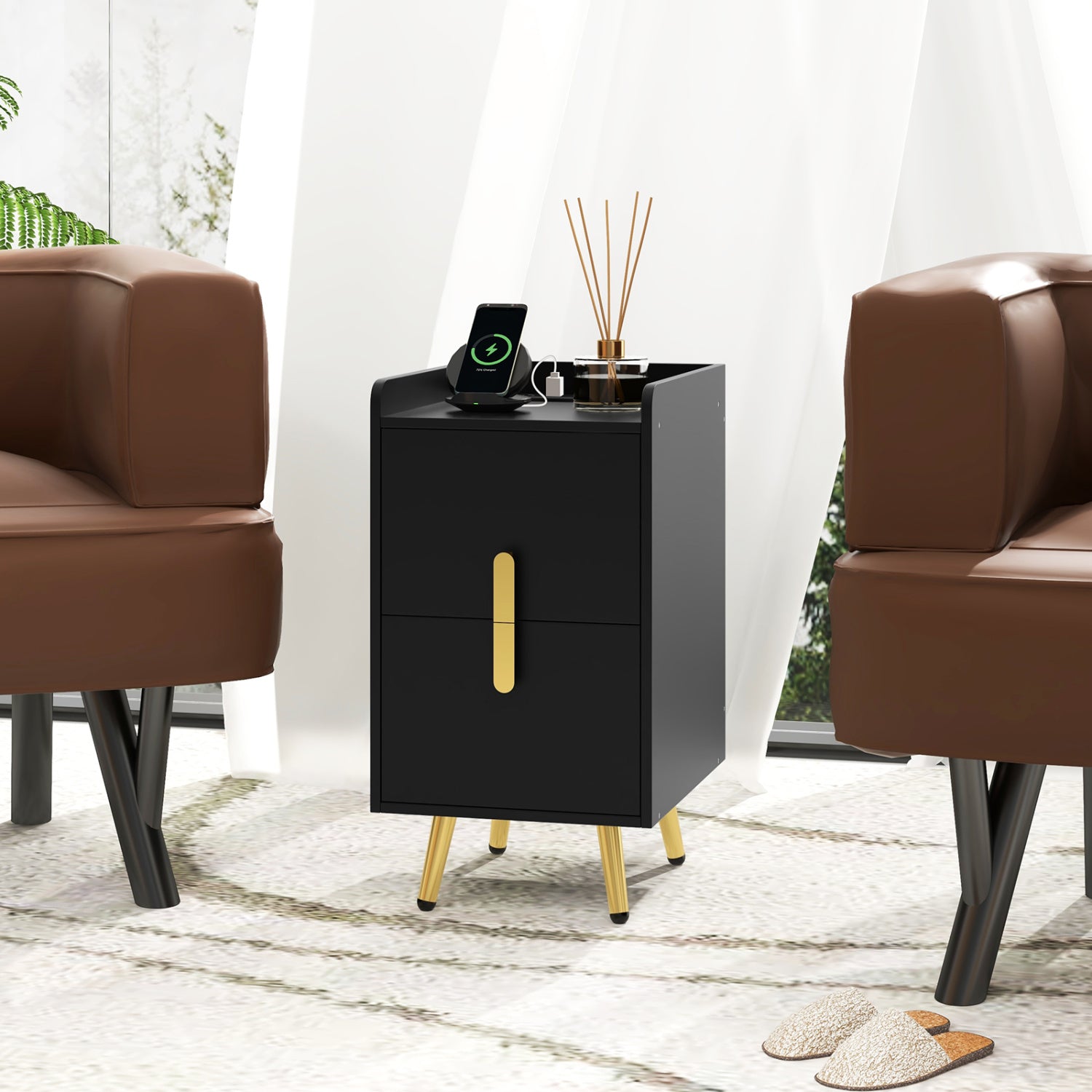 Nightstand With 2 Drawers, 2 USB Ports, Black Nightstands at Gallery Canada