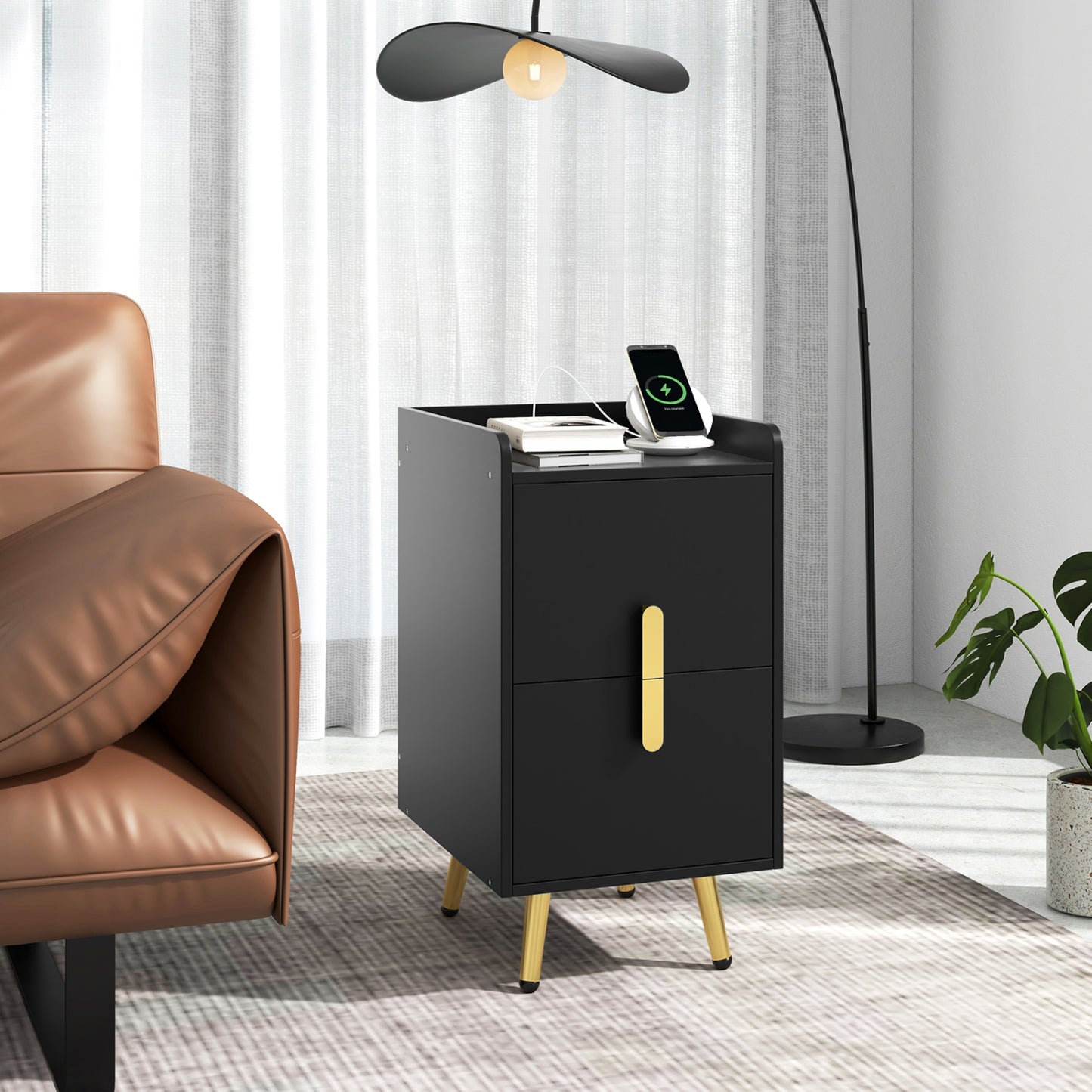 Nightstand With 2 Drawers, 2 USB Ports, Black Nightstands at Gallery Canada