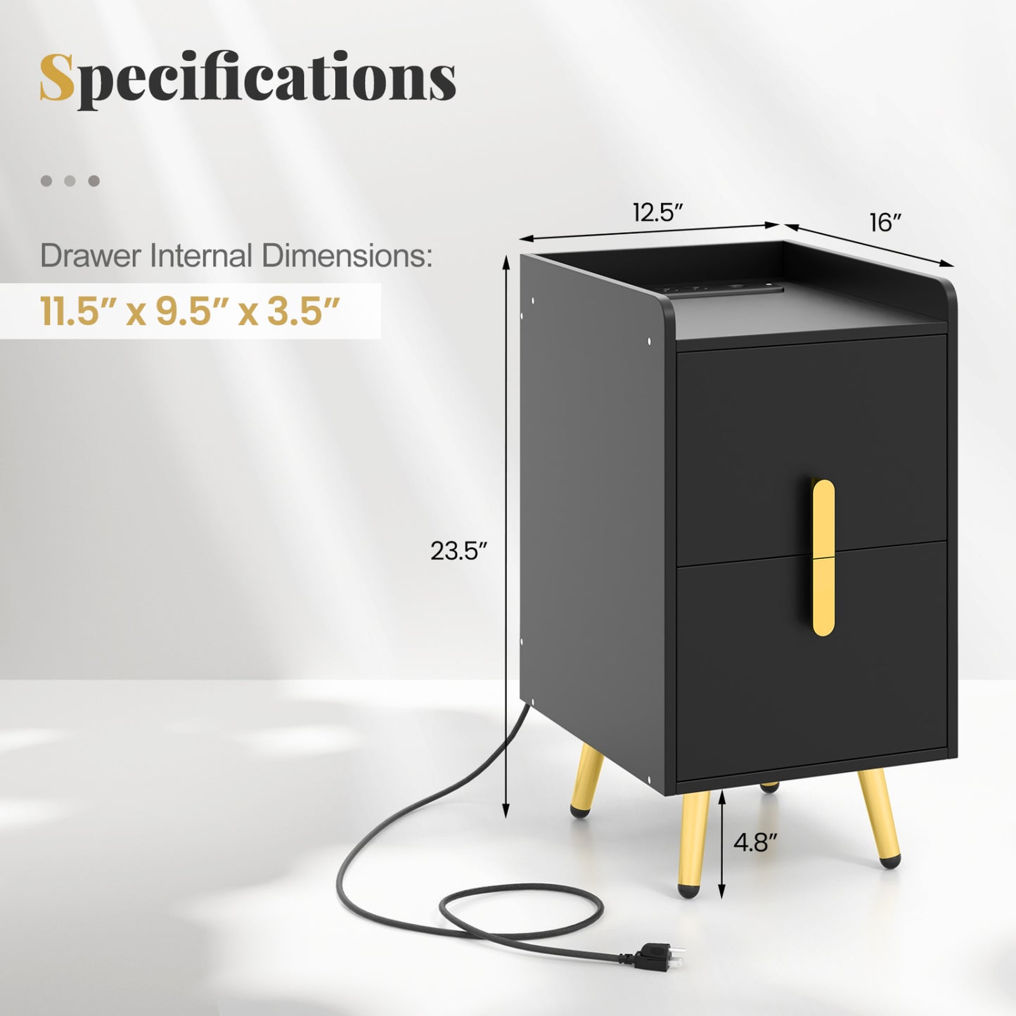 Nightstand With 2 Drawers, 2 USB Ports, Black Nightstands at Gallery Canada
