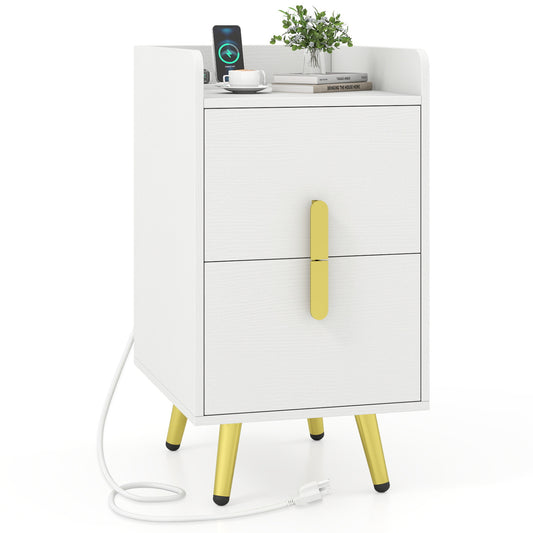 Nightstand Side Tables, 2 Drawers, 2 USB Ports, White Nightstands White at Gallery Canada