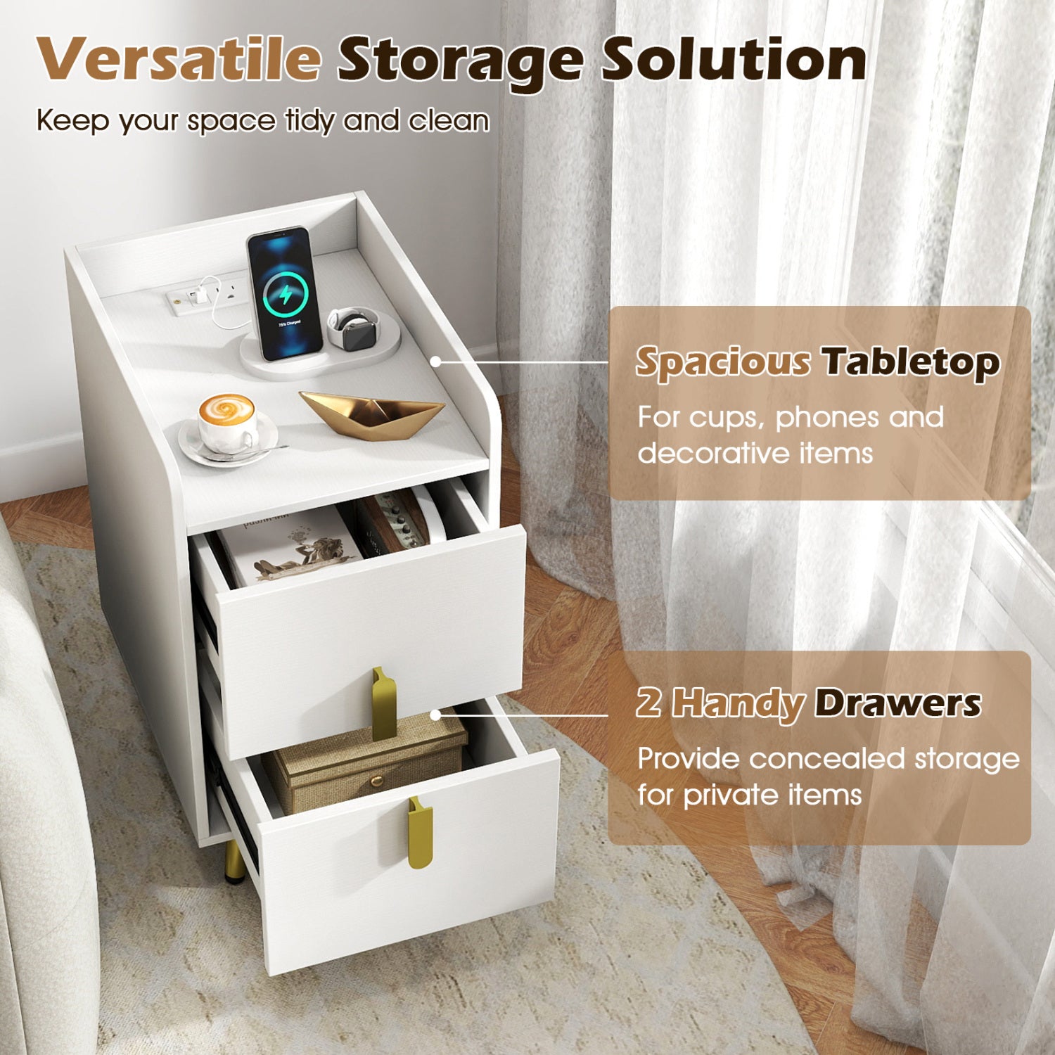Nightstand Side Tables, 2 Drawers, 2 USB Ports, White Nightstands at Gallery Canada