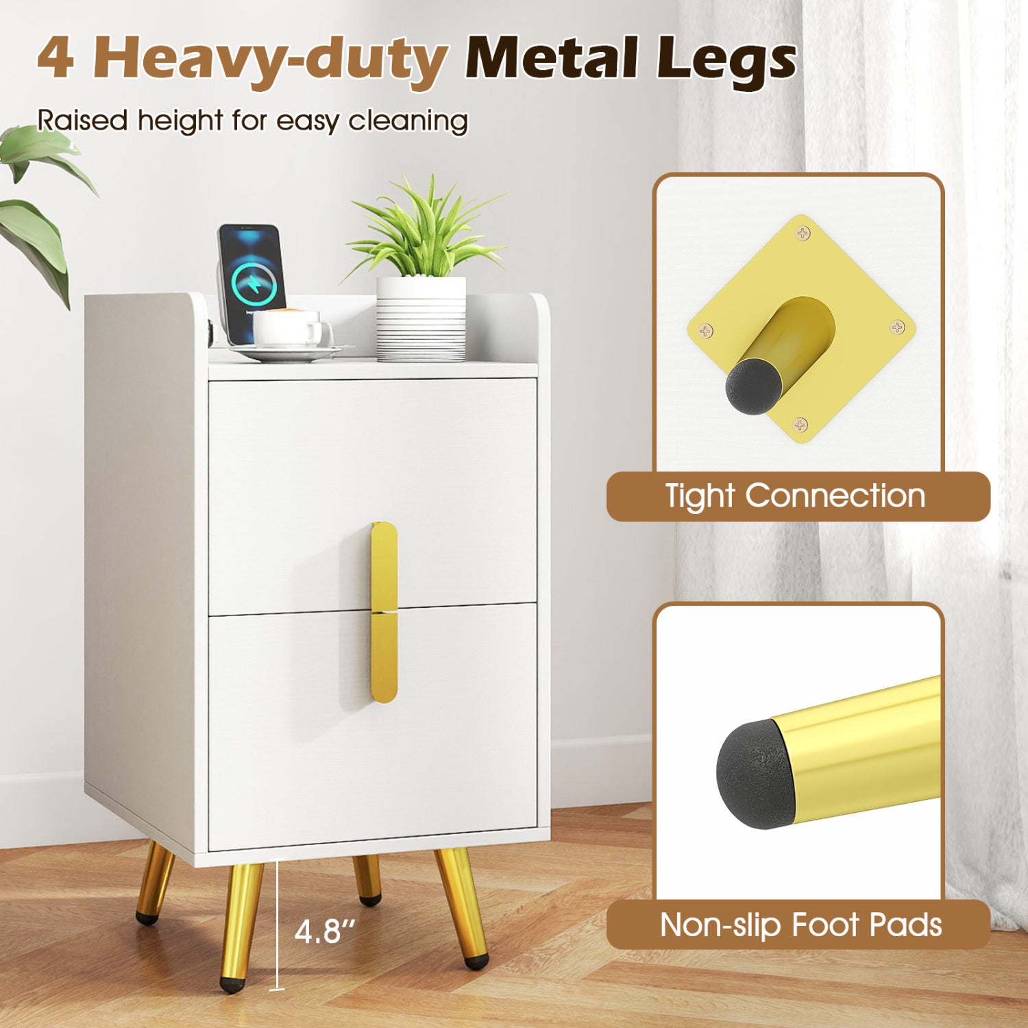 Nightstand Side Tables, 2 Drawers, 2 USB Ports, White Nightstands at Gallery Canada