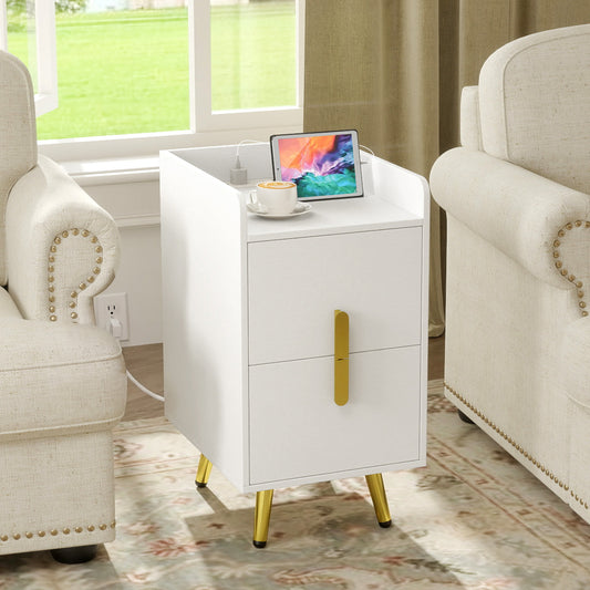 Nightstand Side Tables, 2 Drawers, 2 USB Ports, White Nightstands White at Gallery Canada