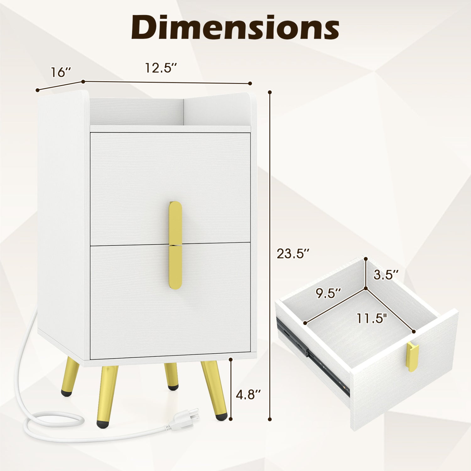 Nightstand Side Tables, 2 Drawers, 2 USB Ports, White Nightstands at Gallery Canada
