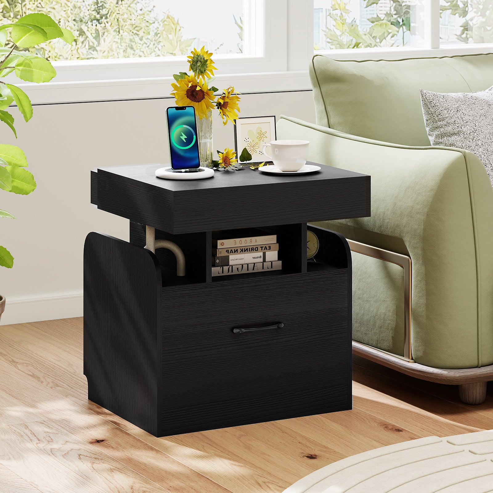Nightstand with Charging Station Modern Bedside Table for Living Room Bedroom Office, Black Nightstands at Gallery Canada
