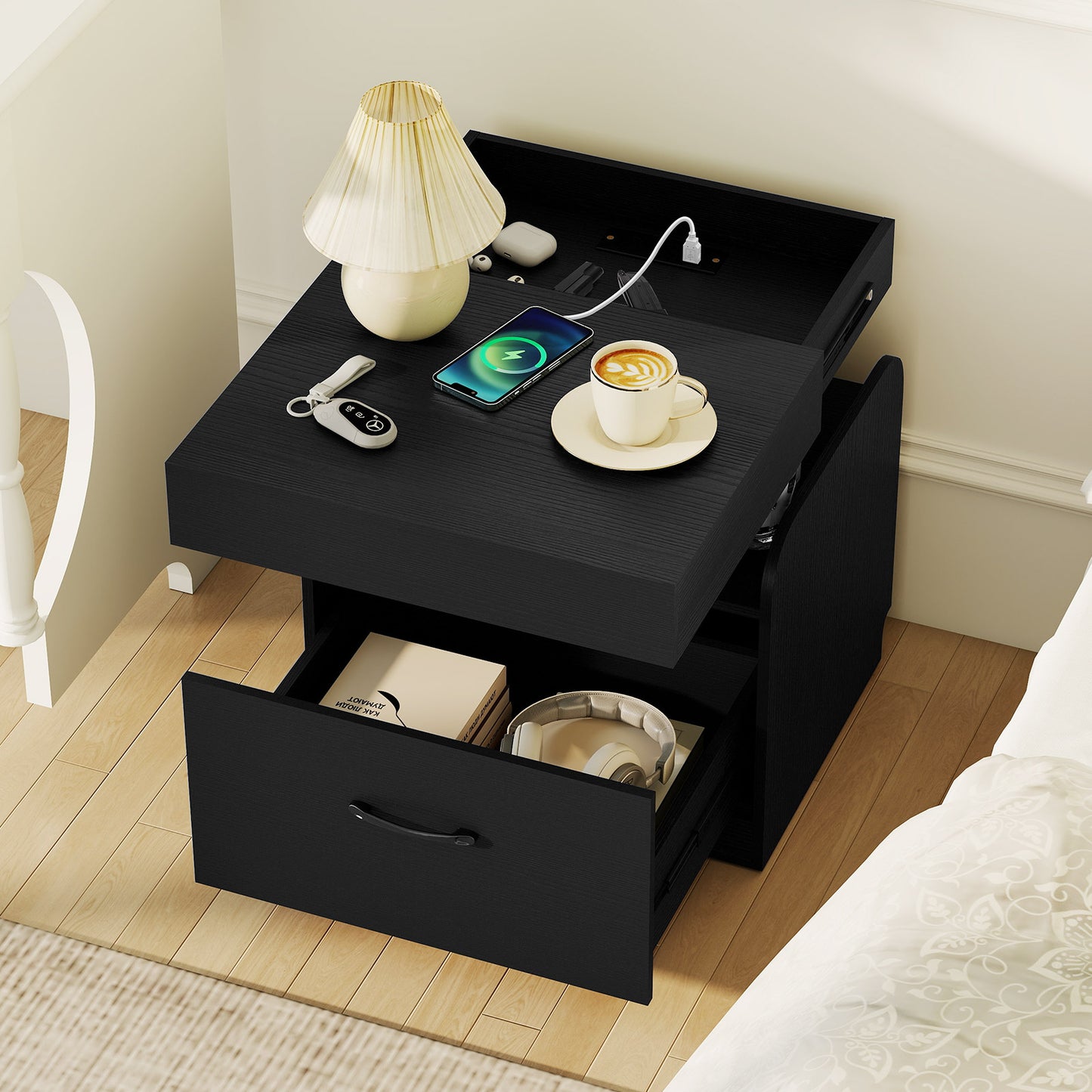 Nightstand with Charging Station Modern Bedside Table for Living Room Bedroom Office, Black Nightstands at Gallery Canada