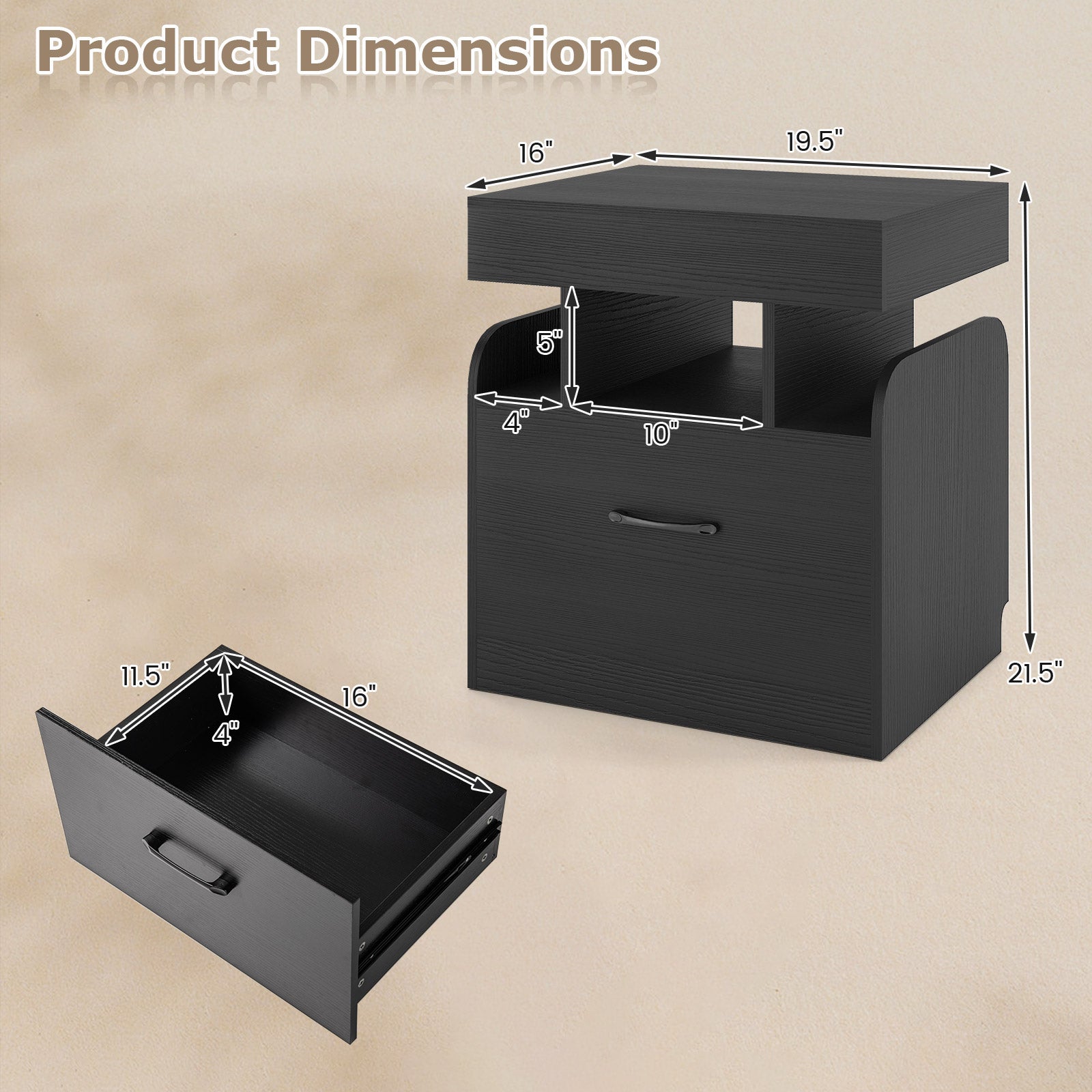 Nightstand with Charging Station Modern Bedside Table for Living Room Bedroom Office, Black Nightstands at Gallery Canada