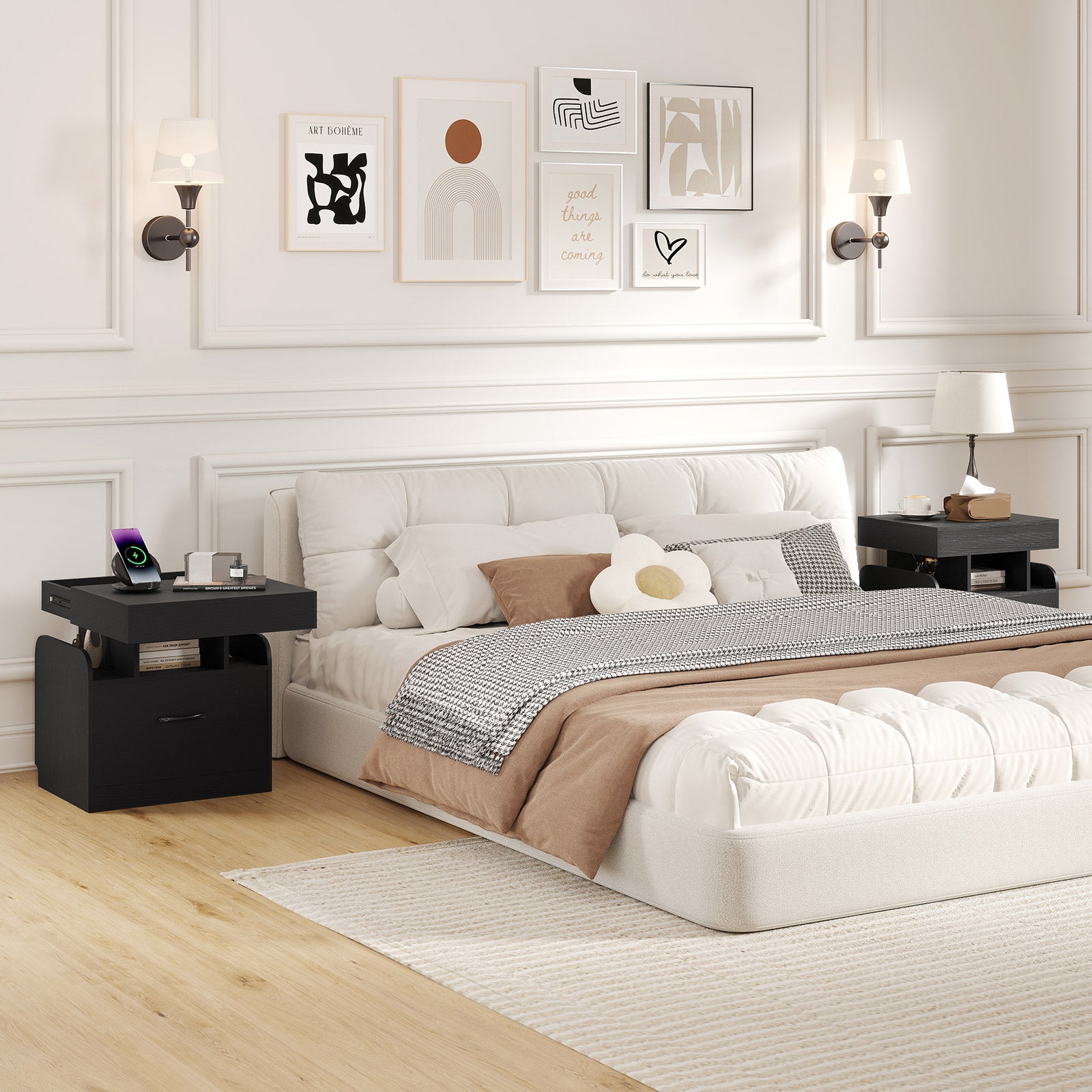 Nightstand with Charging Station Modern Bedside Table for Living Room Bedroom Office, Black Nightstands at Gallery Canada