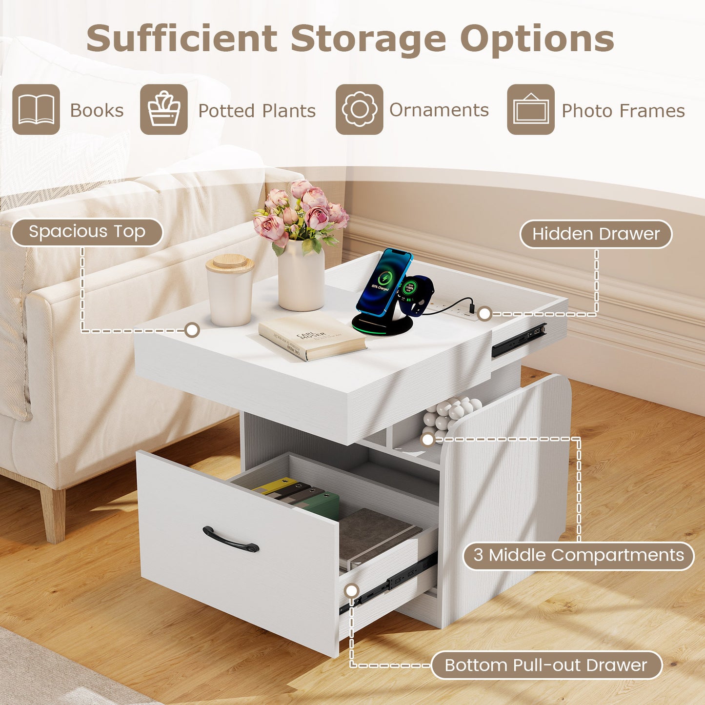 Nightstand with Charging Station Modern Bedside Table for Living Room Bedroom Office, White Nightstands at Gallery Canada