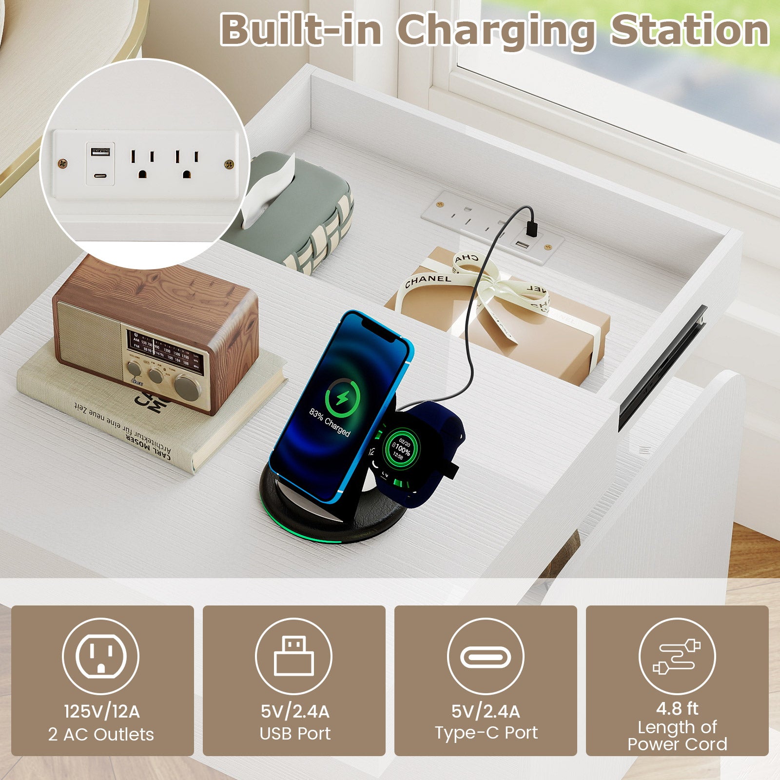 Nightstand with Charging Station Modern Bedside Table for Living Room Bedroom Office, White Nightstands at Gallery Canada