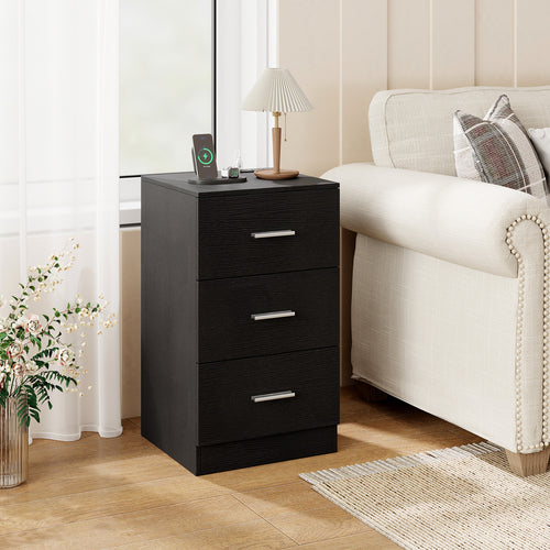 Nightstand with Charging Station End Table with 3 Storage Drawers Bedside Table for Bedroom, Black
