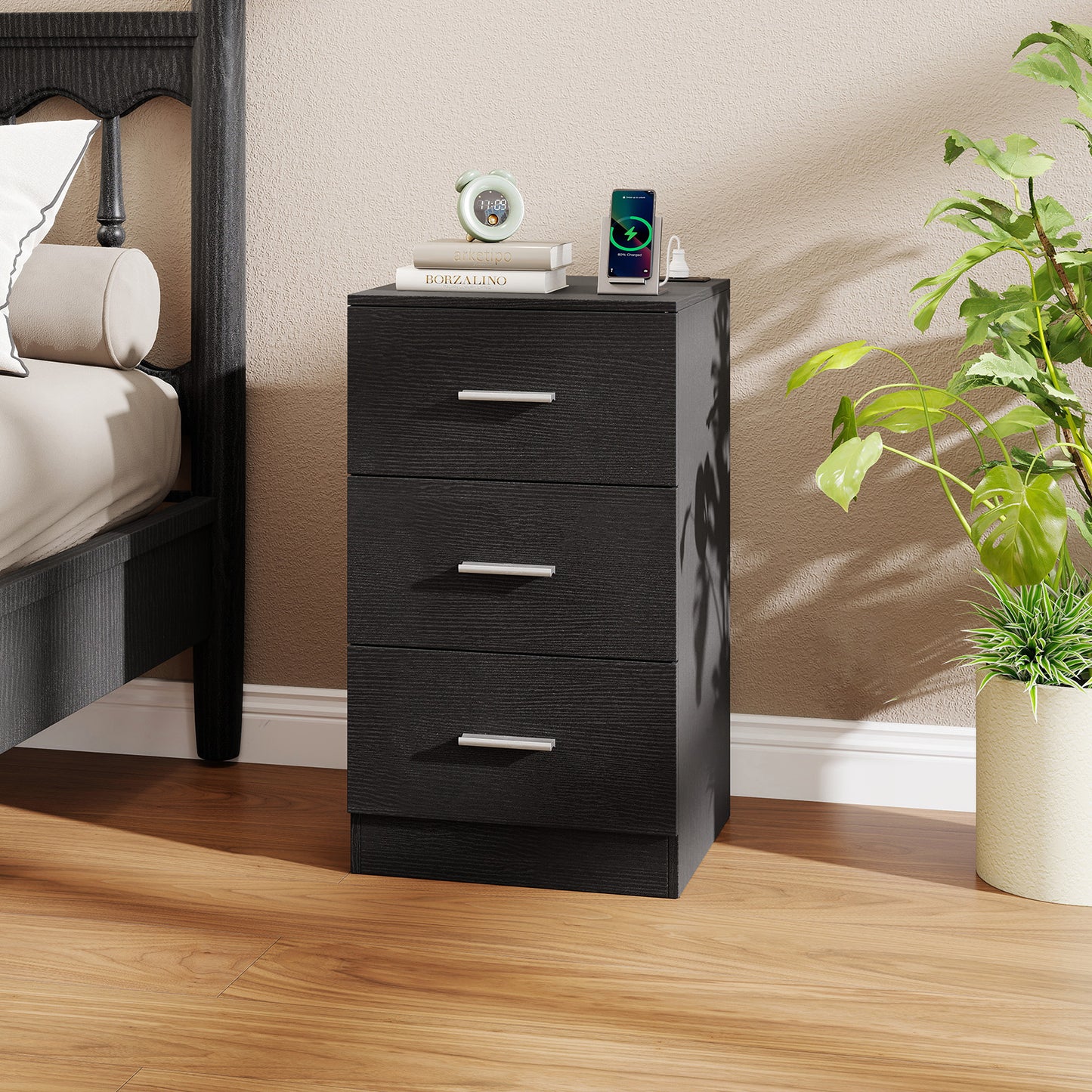 Nightstand with Charging Station End Table with 3 Storage Drawers Bedside Table for Bedroom, Black Nightstands at Gallery Canada
