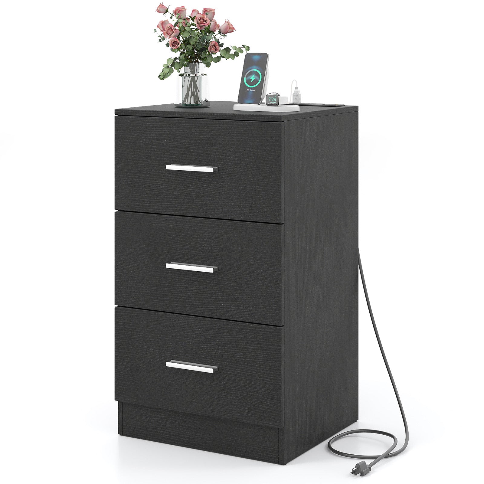 Nightstand with Charging Station End Table with 3 Storage Drawers Bedside Table for Bedroom, Black Nightstands Black at Gallery Canada