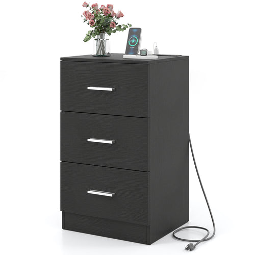 Nightstand with Charging Station End Table with 3 Storage Drawers Bedside Table for Bedroom, Black