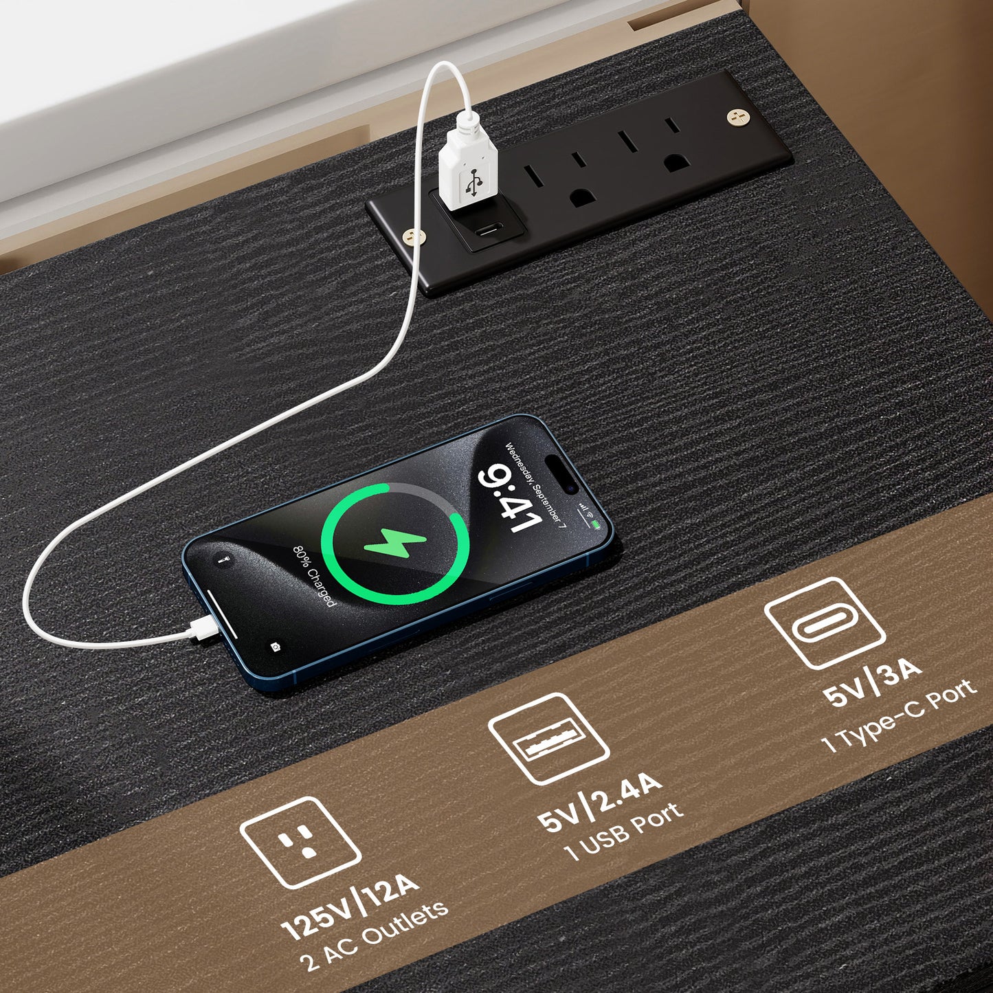 Nightstand with Charging Station End Table with 3 Storage Drawers Bedside Table for Bedroom, Black Nightstands at Gallery Canada