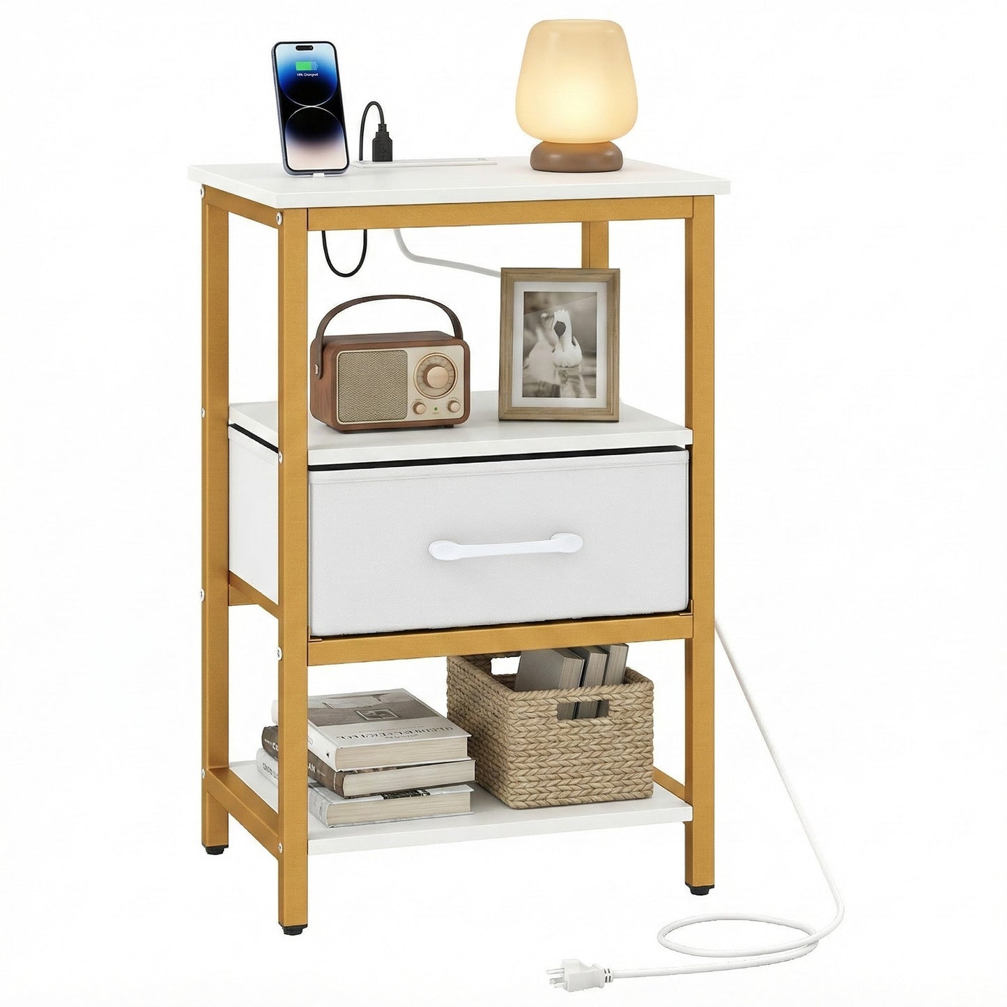 Nightstand with Charging Station and Adjustable Fabric Drawer for Bedroom and Living Room-1 Piece Nightstands at Gallery Canada