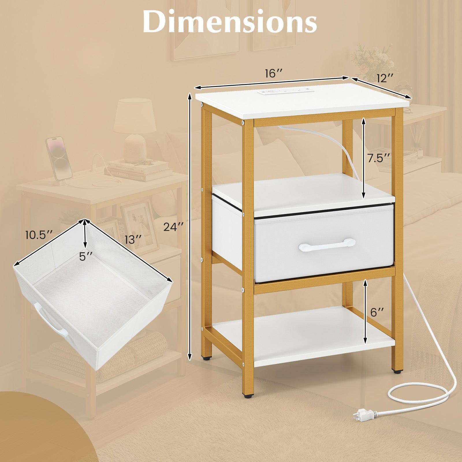 Nightstand with Charging Station and Adjustable Fabric Drawer for Bedroom and Living Room-1 Piece Nightstands at Gallery Canada