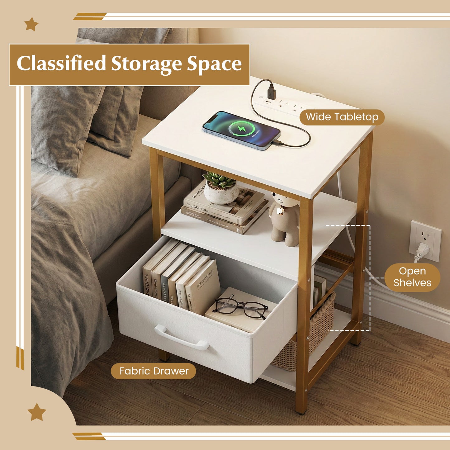 Nightstand with Charging Station and Adjustable Fabric Drawer for Bedroom and Living Room-1 Piece Nightstands at Gallery Canada