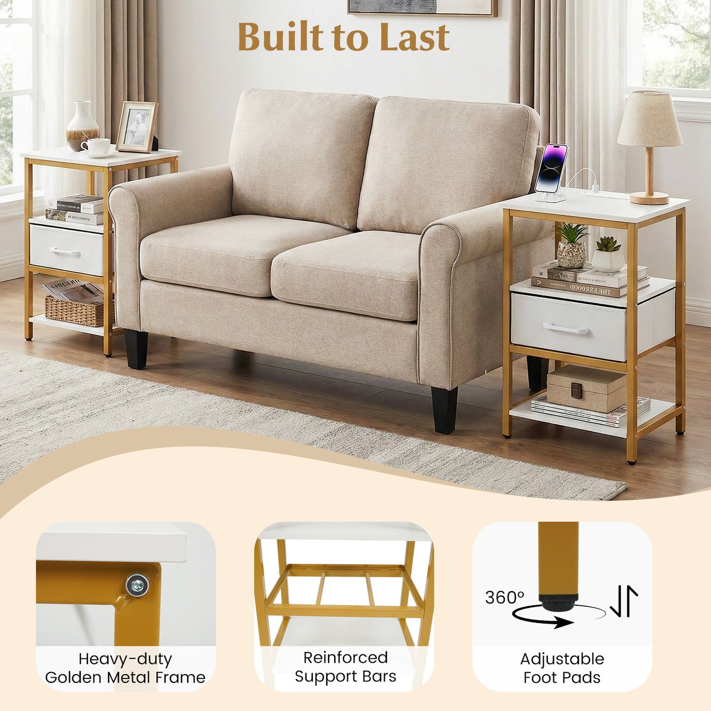 Nightstand with Charging Station and Adjustable Fabric Drawer for Bedroom and Living Room-1 Piece Nightstands at Gallery Canada