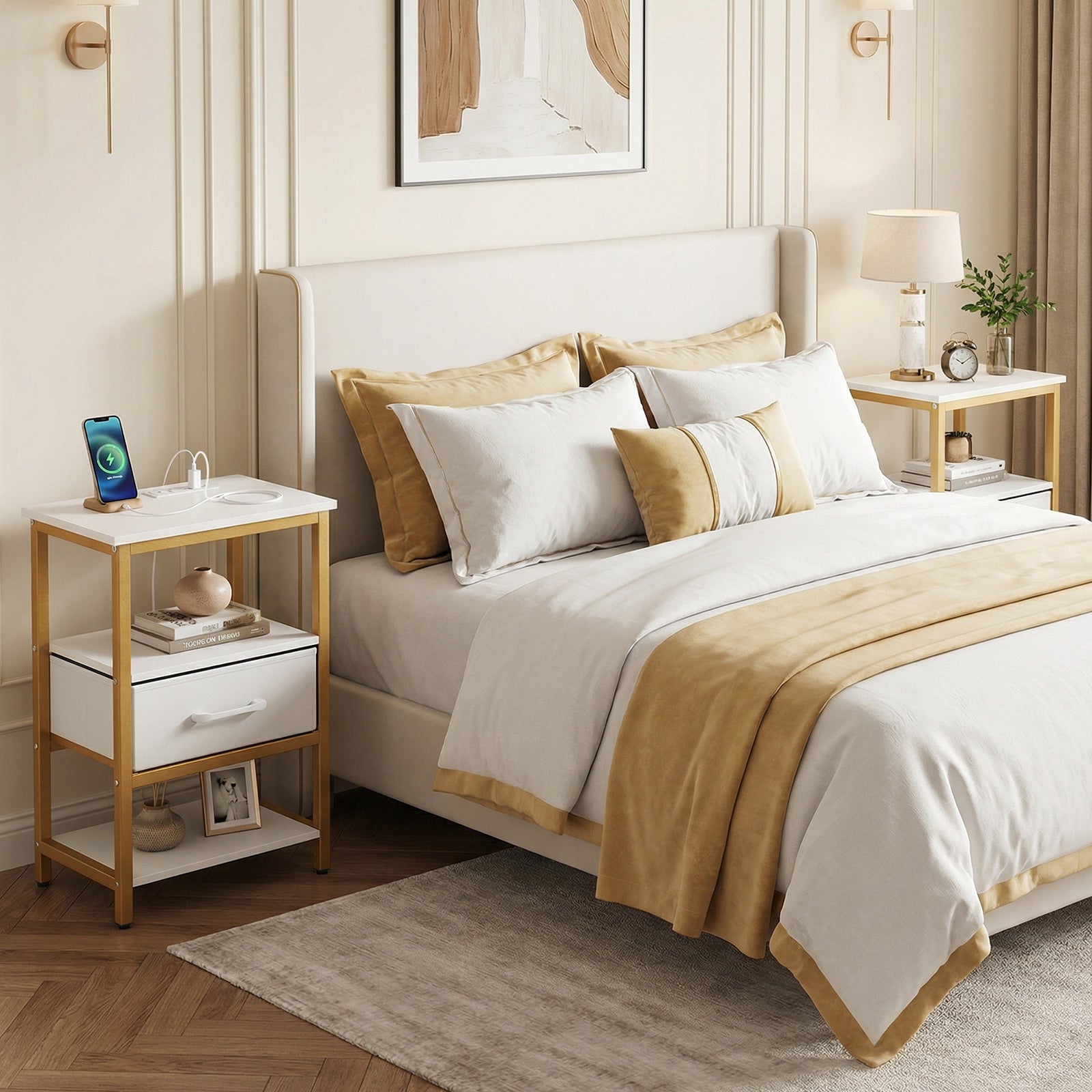 Nightstand with Charging Station and Adjustable Fabric Drawer for Bedroom and Living Room-Set of 2 Nightstands at Gallery Canada