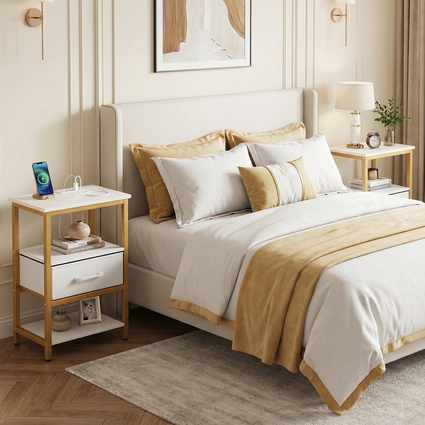 Nightstand with Charging Station and Adjustable Fabric Drawer for Bedroom and Living Room-Set of 2 Nightstands at Gallery Canada