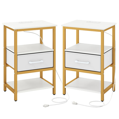 Nightstand with Charging Station and Adjustable Fabric Drawer for Bedroom and Living Room-Set of 2