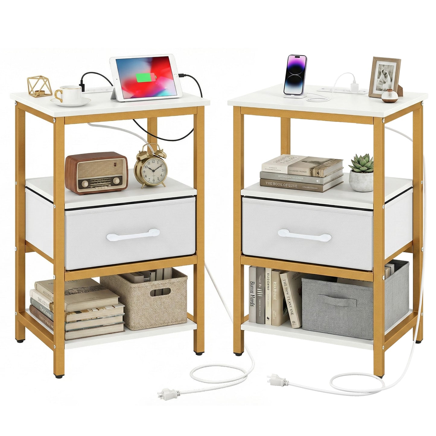 Nightstand with Charging Station and Adjustable Fabric Drawer for Bedroom and Living Room-Set of 2 Nightstands at Gallery Canada