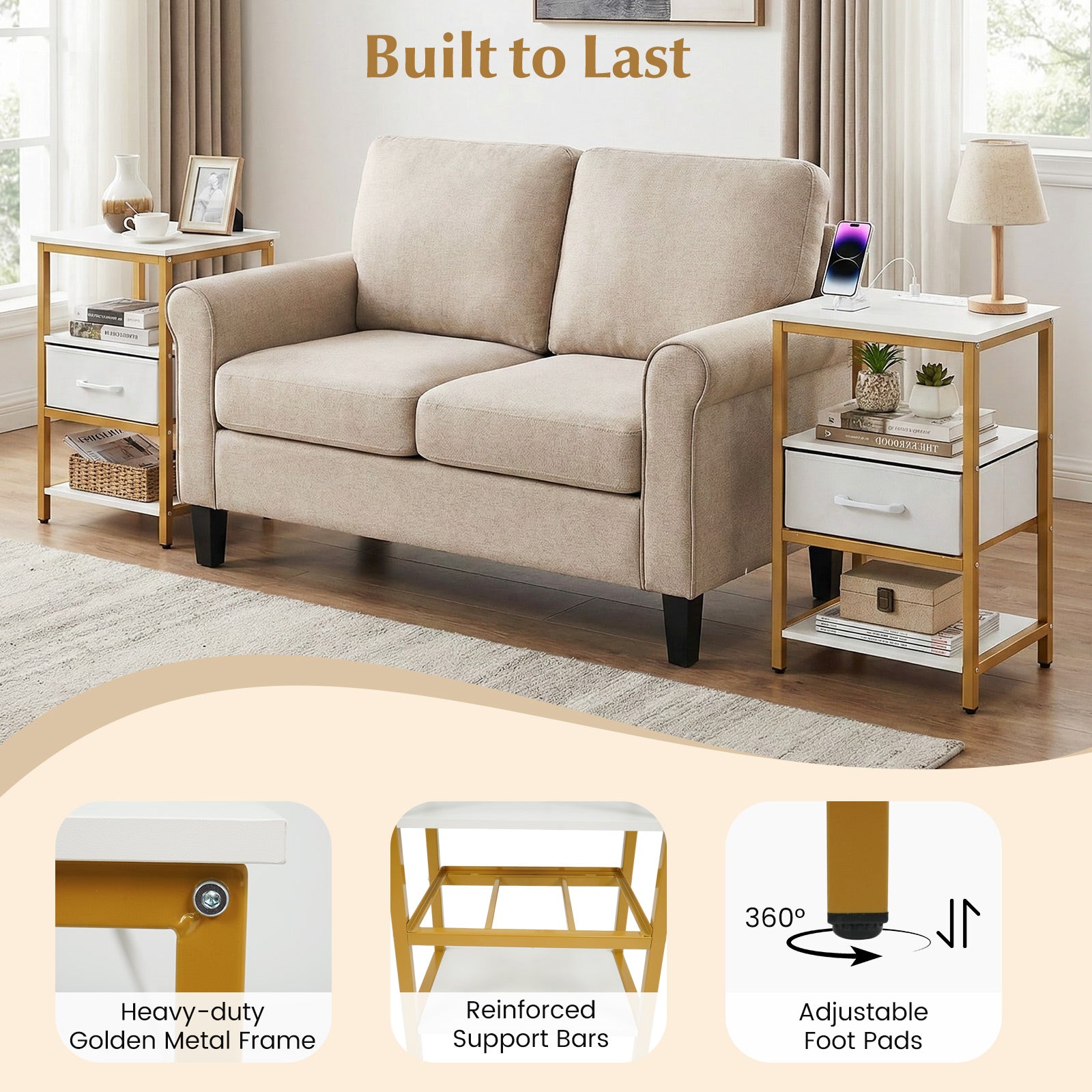 Nightstand with Charging Station and Adjustable Fabric Drawer for Bedroom and Living Room-Set of 2 Nightstands at Gallery Canada