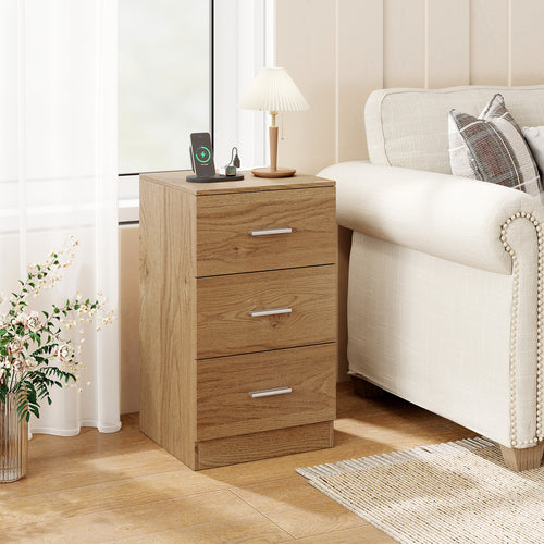 Nightstand with Charging Station End Table with 3 Storage Drawers Bedside Table for Bedroom, Natural