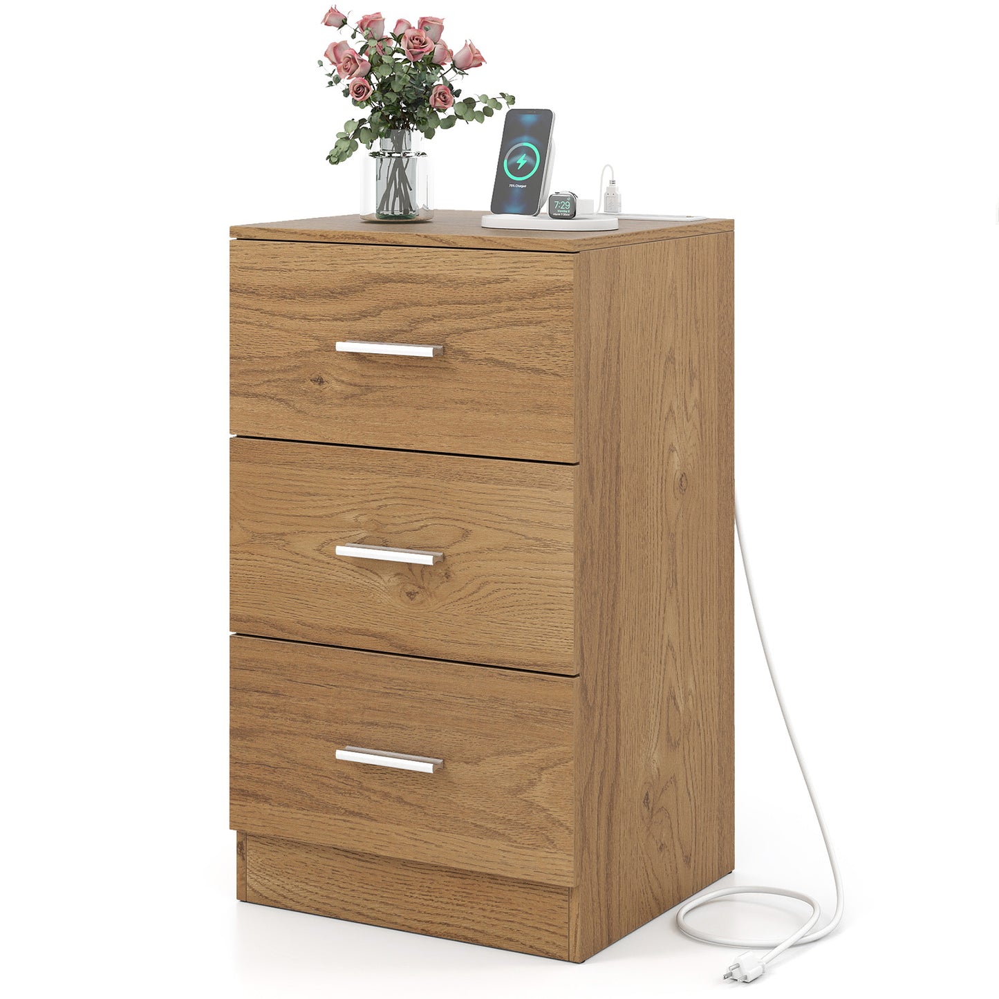 Nightstand with Charging Station End Table with 3 Storage Drawers Bedside Table for Bedroom, Natural Nightstands Natural at Gallery Canada