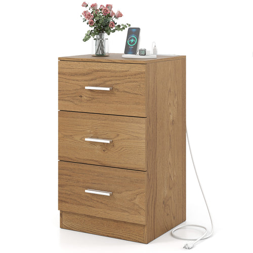 Nightstand with Charging Station End Table with 3 Storage Drawers Bedside Table for Bedroom, Natural