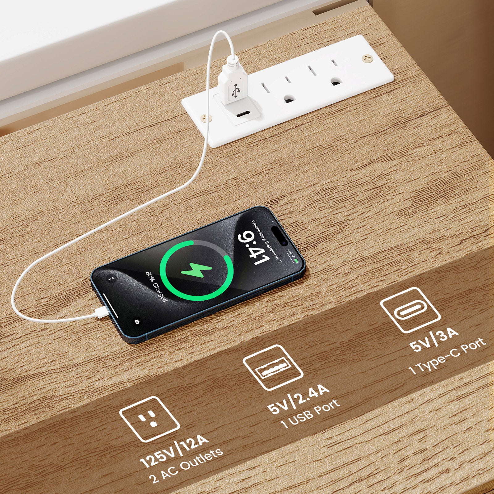 Nightstand with Charging Station End Table with 3 Storage Drawers Bedside Table for Bedroom, Natural Nightstands at Gallery Canada