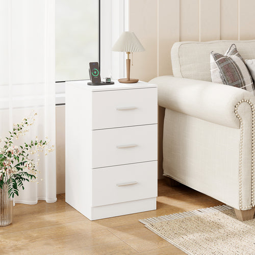 Nightstand with Charging Station End Table with 3 Storage Drawers Bedside Table for Bedroom, White