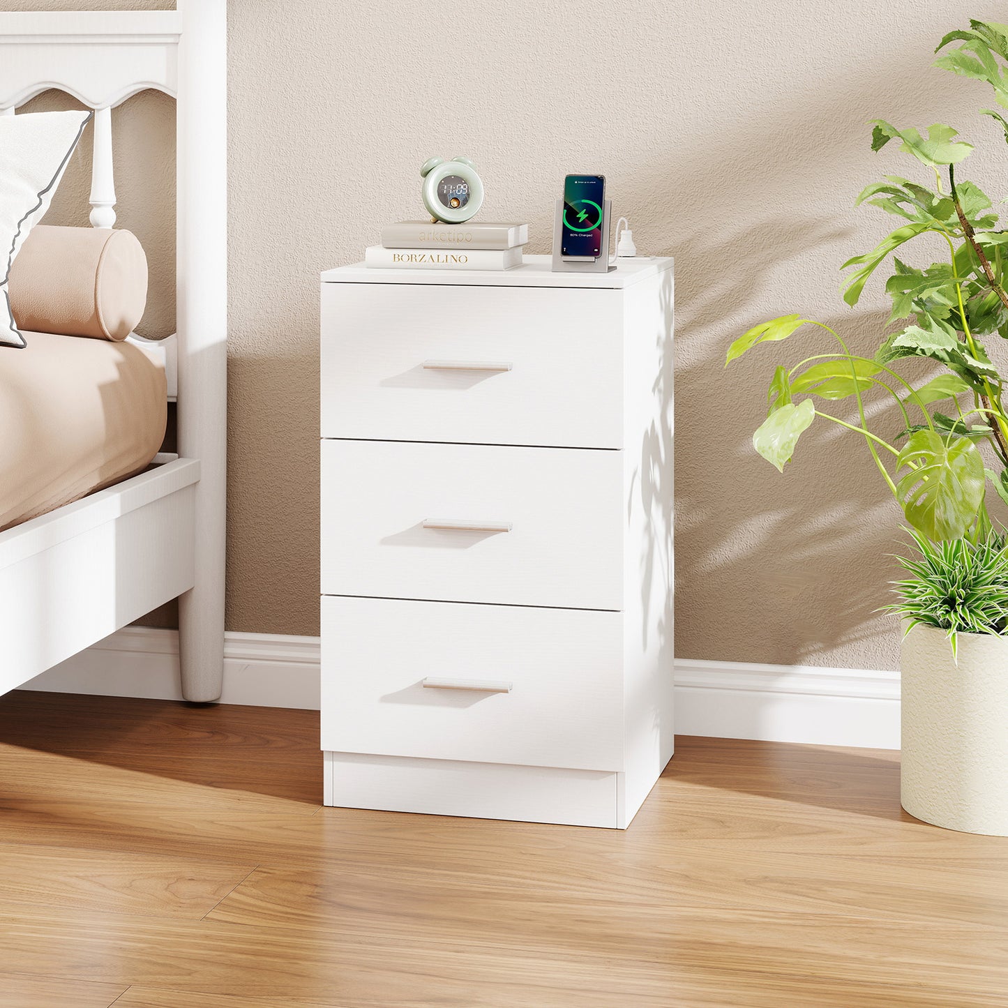 Nightstand with Charging Station End Table with 3 Storage Drawers Bedside Table for Bedroom, White Nightstands at Gallery Canada
