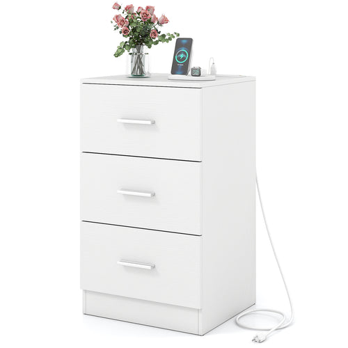 Nightstand with Charging Station End Table with 3 Storage Drawers Bedside Table for Bedroom, White