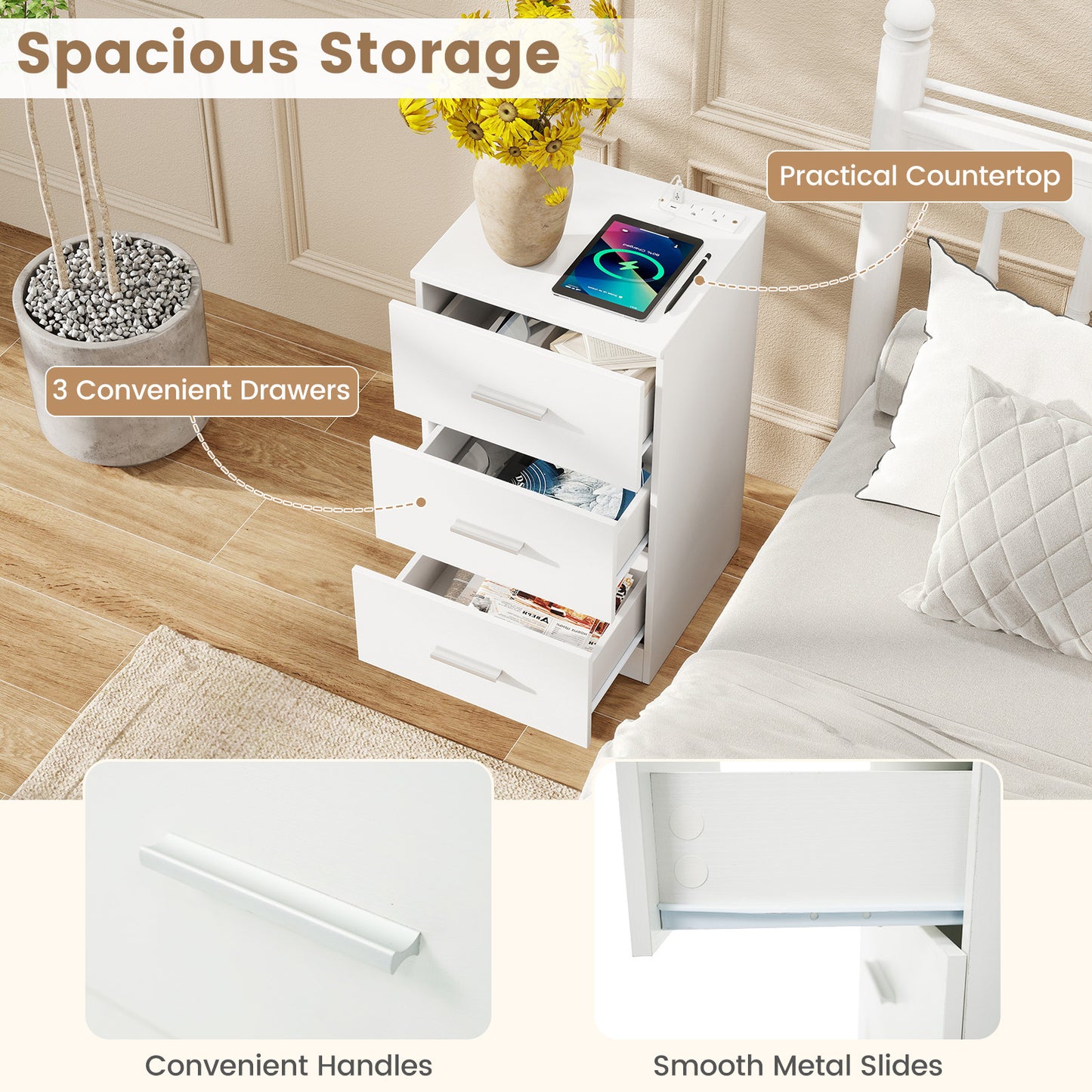 Nightstand with Charging Station End Table with 3 Storage Drawers Bedside Table for Bedroom, White Nightstands at Gallery Canada