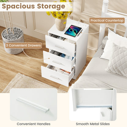 Nightstand with Charging Station End Table with 3 Storage Drawers Bedside Table for Bedroom, White Nightstands at Gallery Canada