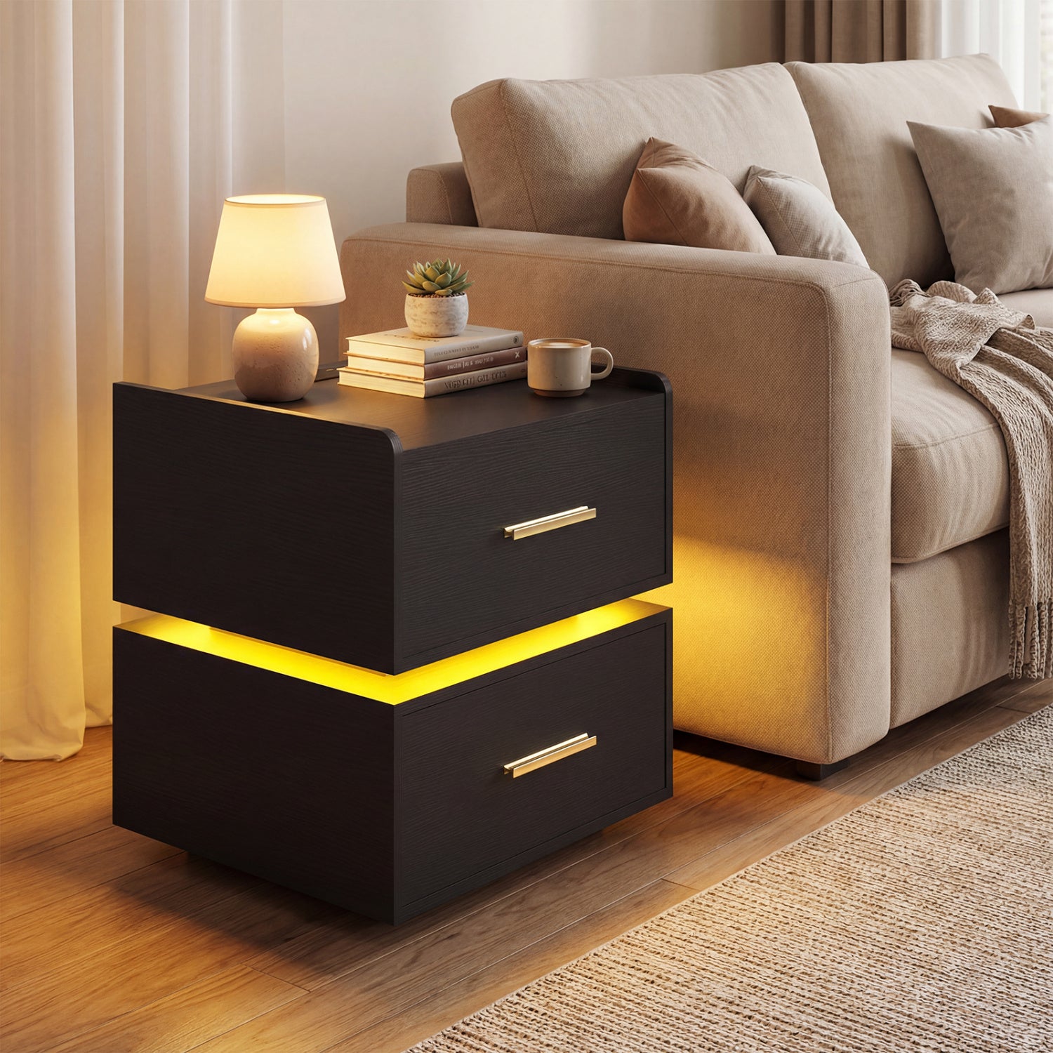 Nightstand With Charging Station, LED Bedside Table, 2 Storage Drawers, Black Nightstands at Gallery Canada