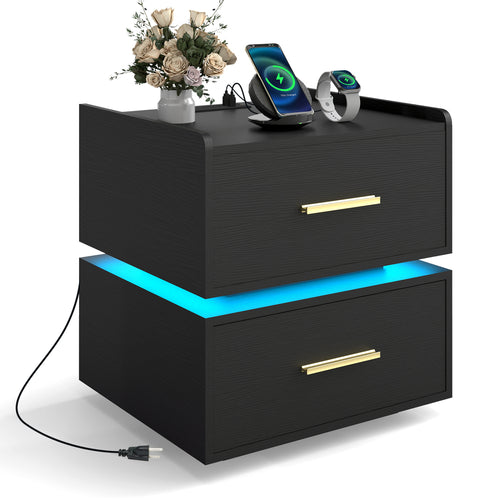 Nightstand With Charging Station, LED Bedside Table, 2 Storage Drawers, Black