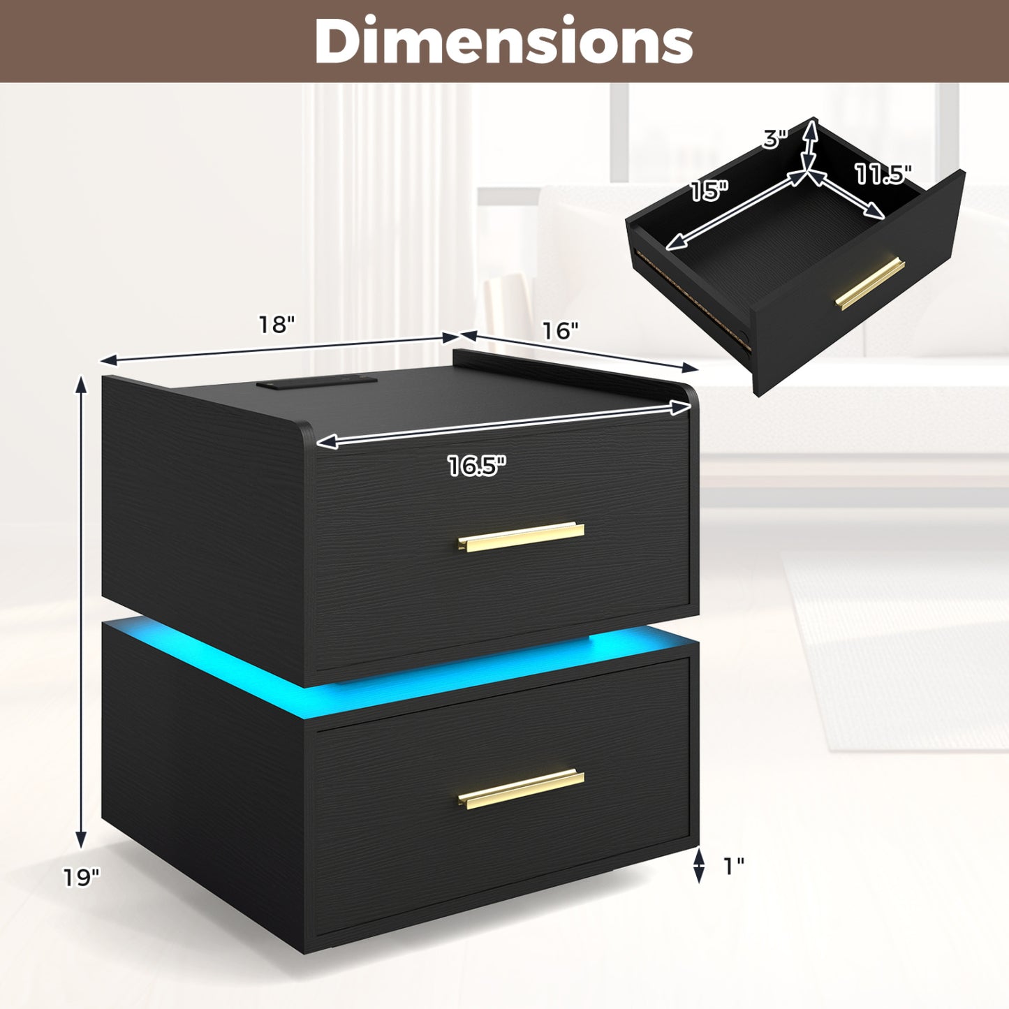 Nightstand With Charging Station, LED Bedside Table, 2 Storage Drawers, Black Nightstands at Gallery Canada