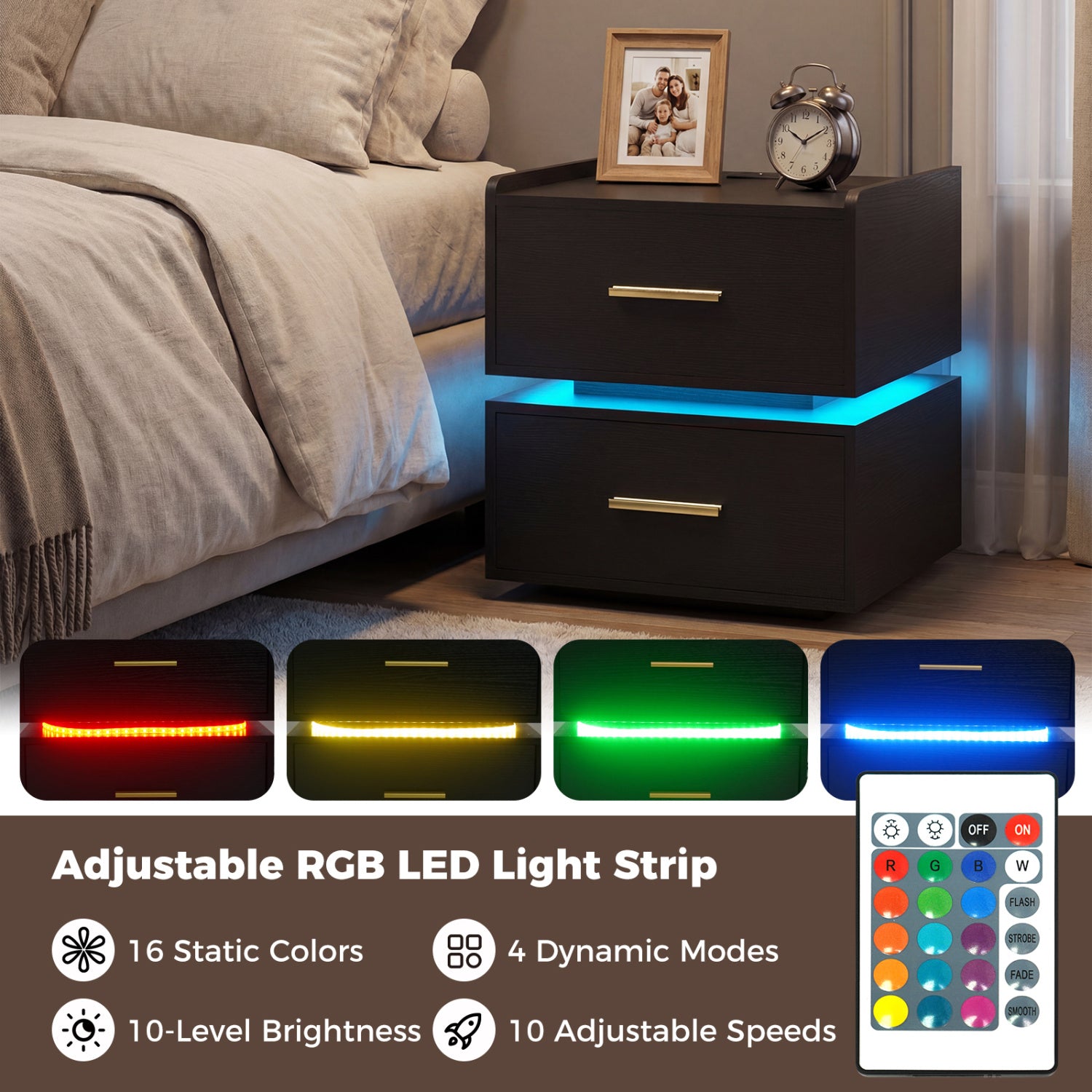 Nightstand With Charging Station, LED Bedside Table, 2 Storage Drawers, Black Nightstands at Gallery Canada