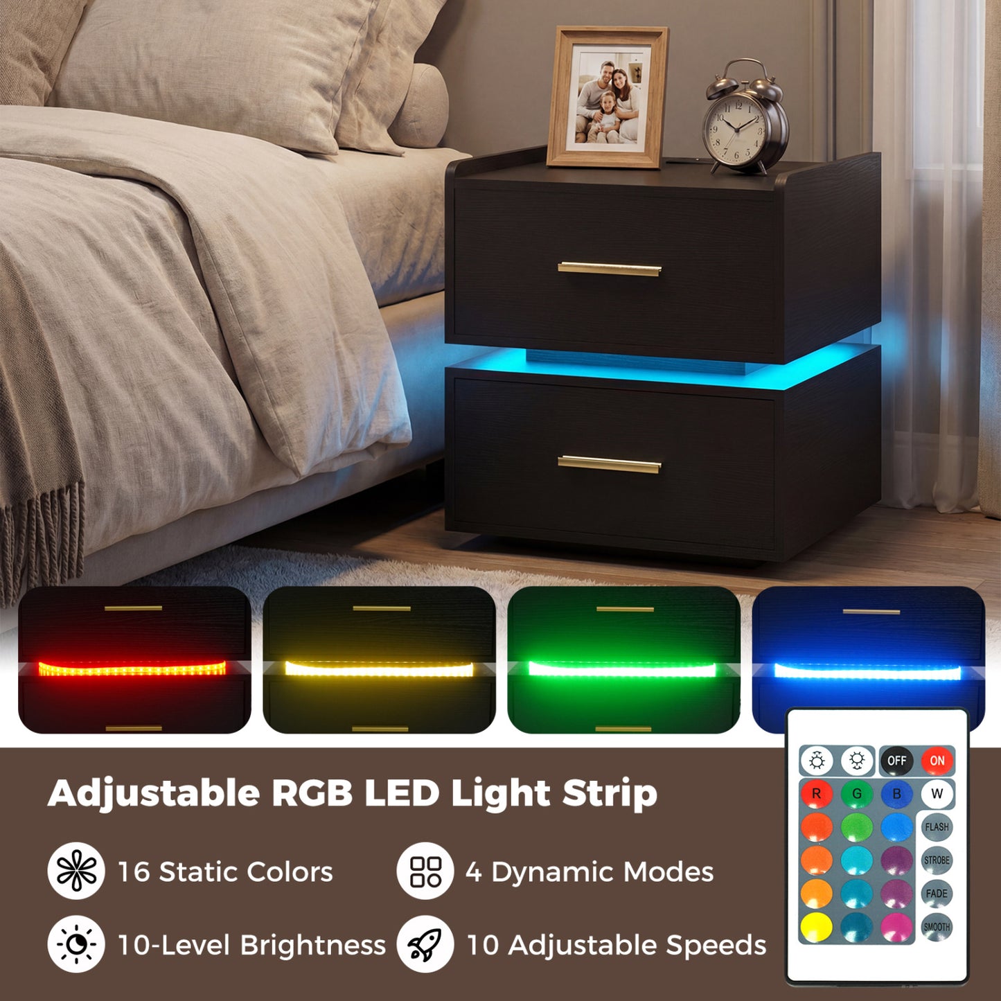 Nightstand With Charging Station, LED Bedside Table, 2 Storage Drawers, Black Nightstands at Gallery Canada