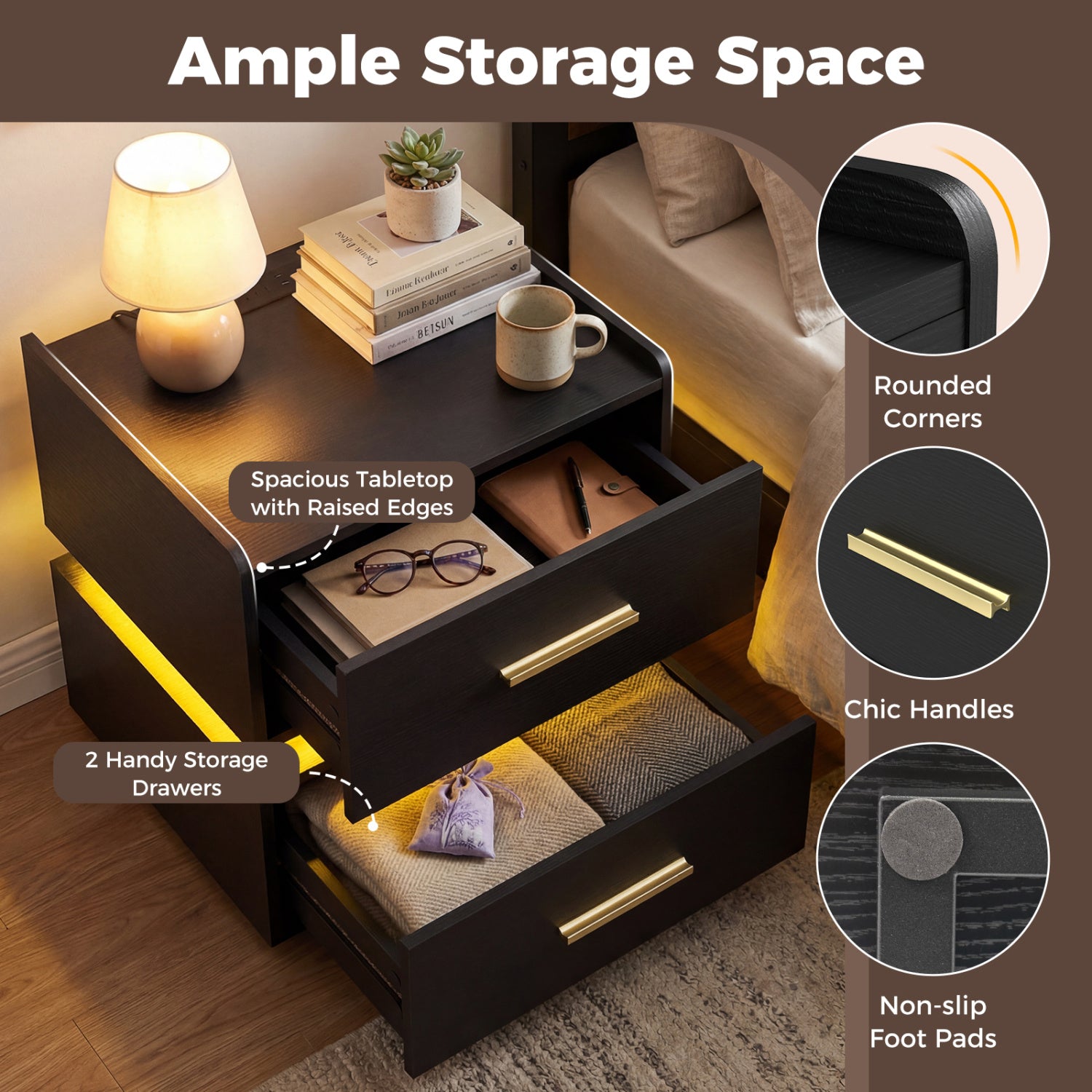 Nightstand With Charging Station, LED Bedside Table, 2 Storage Drawers, Black Nightstands at Gallery Canada